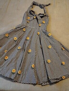 Timeless London Gingham Sunflower Halter Dress Small Bow Retro Rockabilly